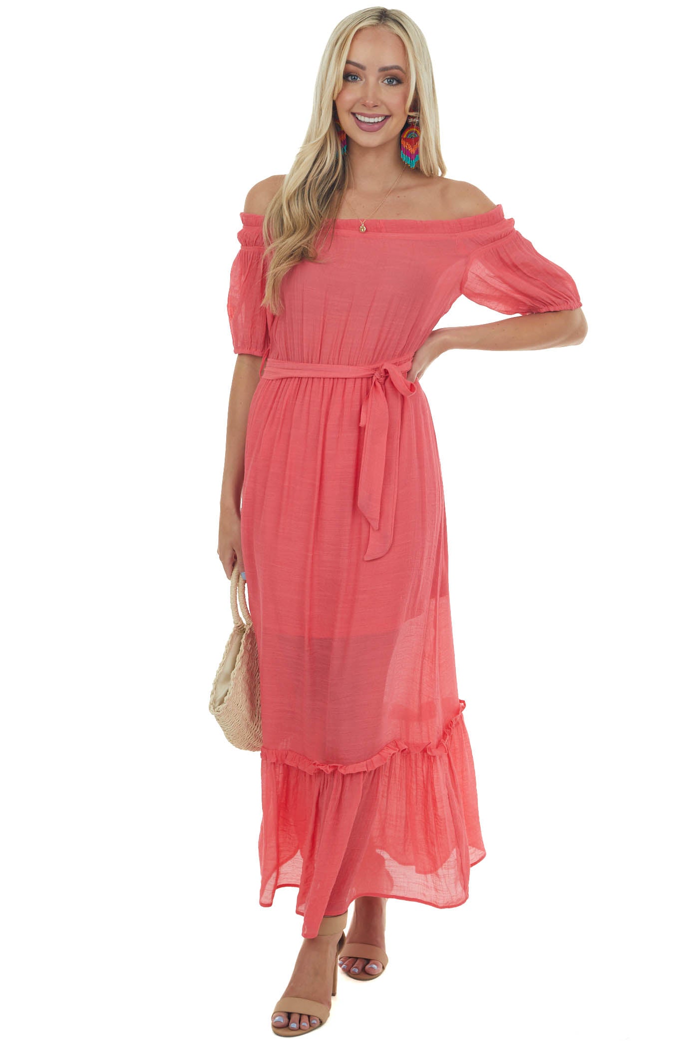 Raspberry Off Shoulder Waist Tie Maxi Dress