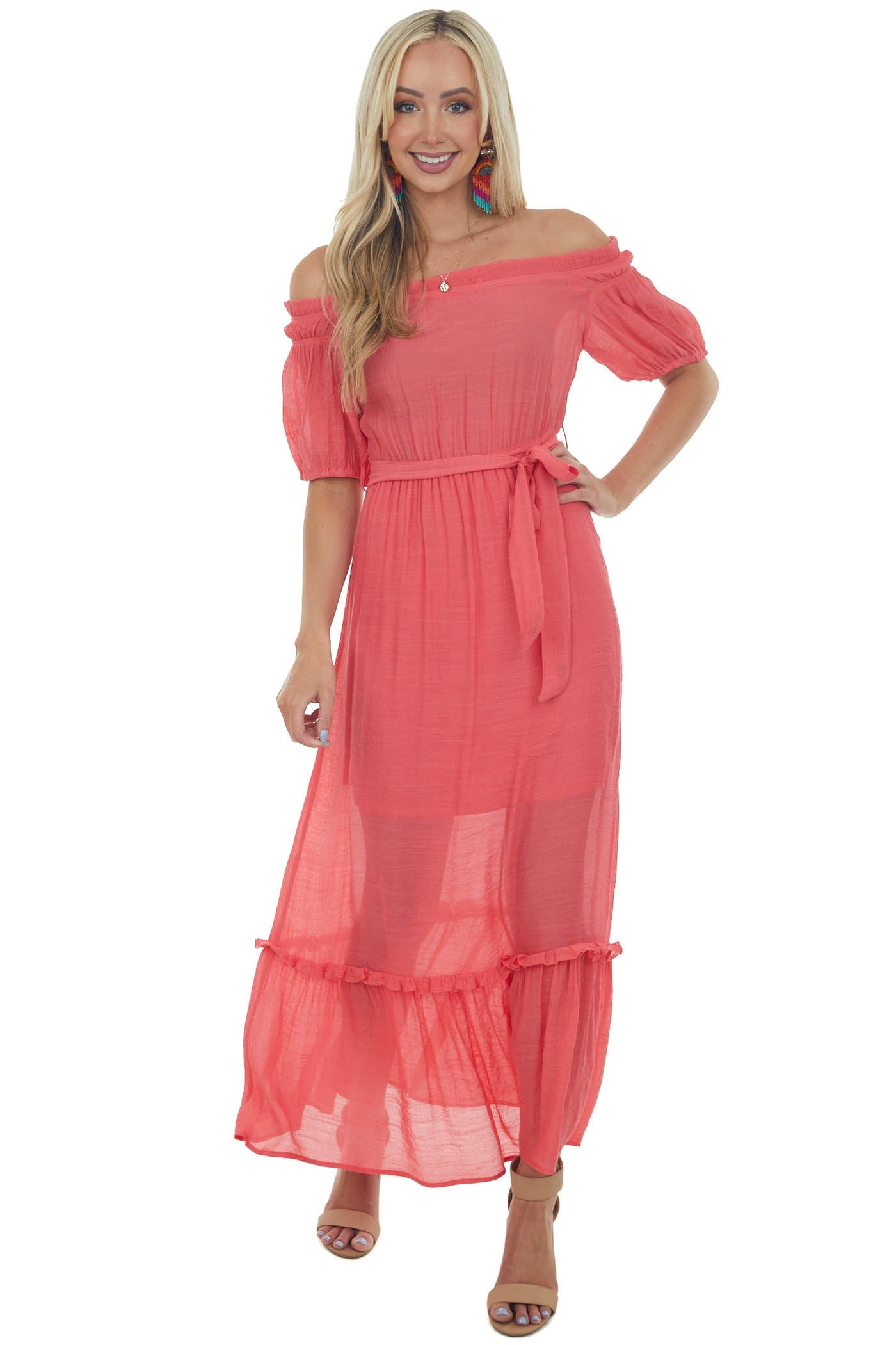 Raspberry Off Shoulder Waist Tie Maxi Dress
