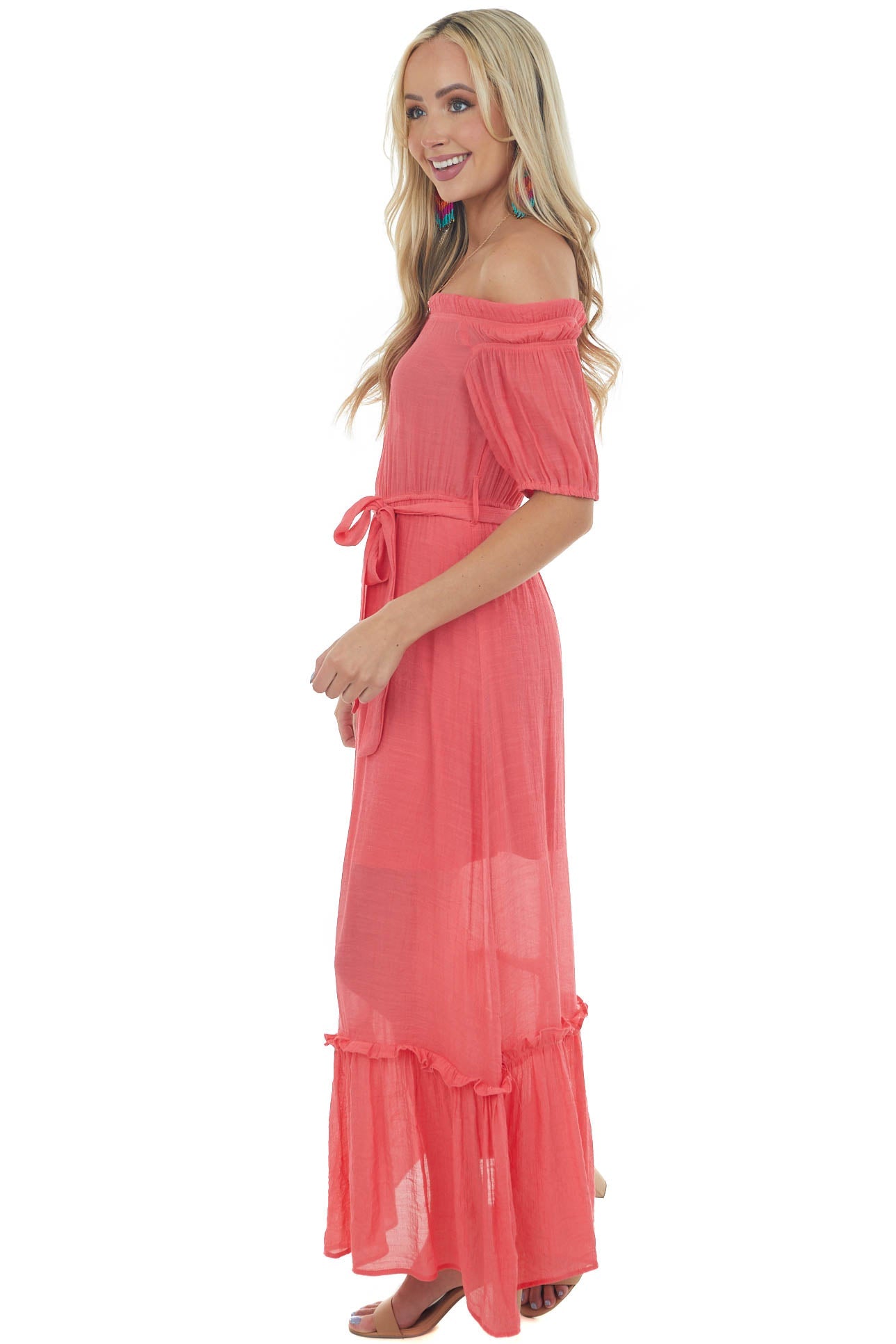 Raspberry Off Shoulder Waist Tie Maxi Dress