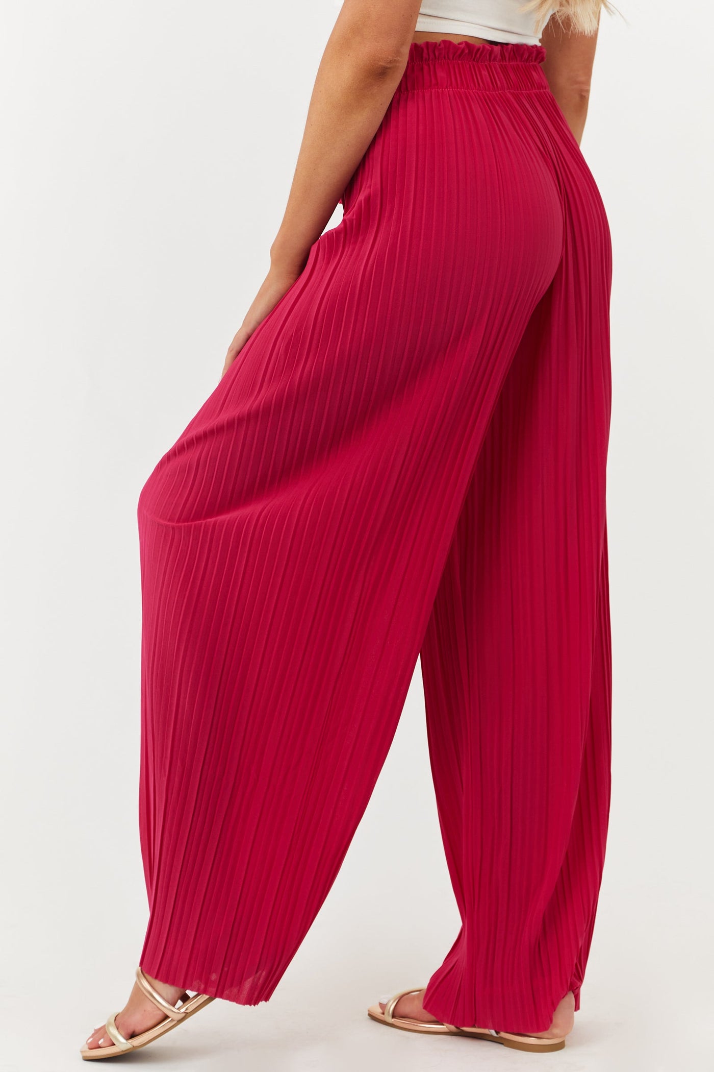Raspberry Pleated Wide Leg Waist Tie Pants