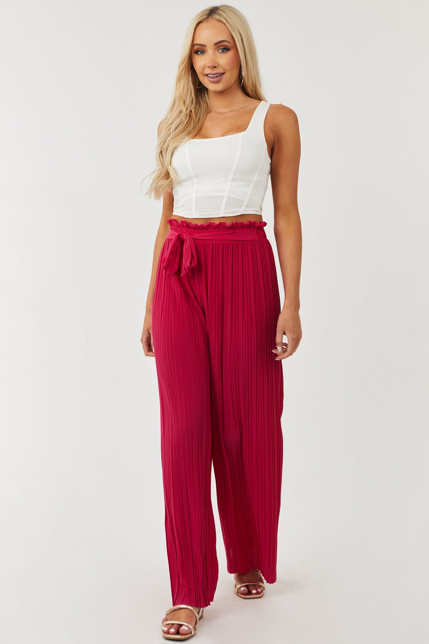 Raspberry Pleated Wide Leg Waist Tie Pants