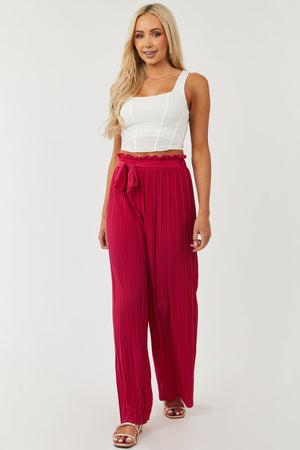 Raspberry Pleated Wide Leg Waist Tie Pants