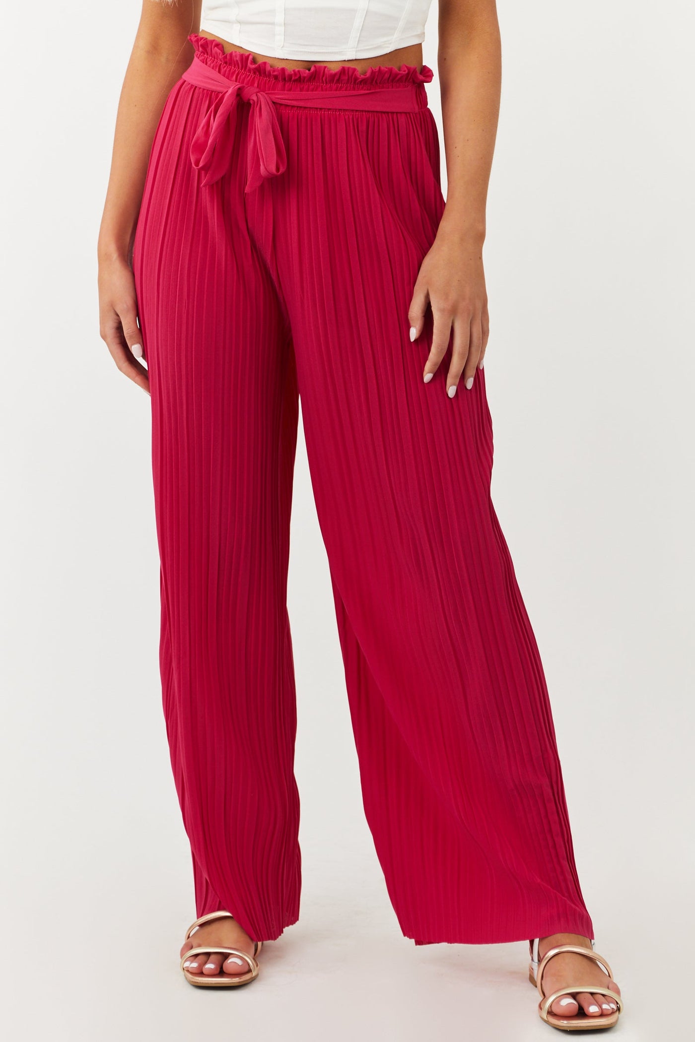 Raspberry Pleated Wide Leg Waist Tie Pants
