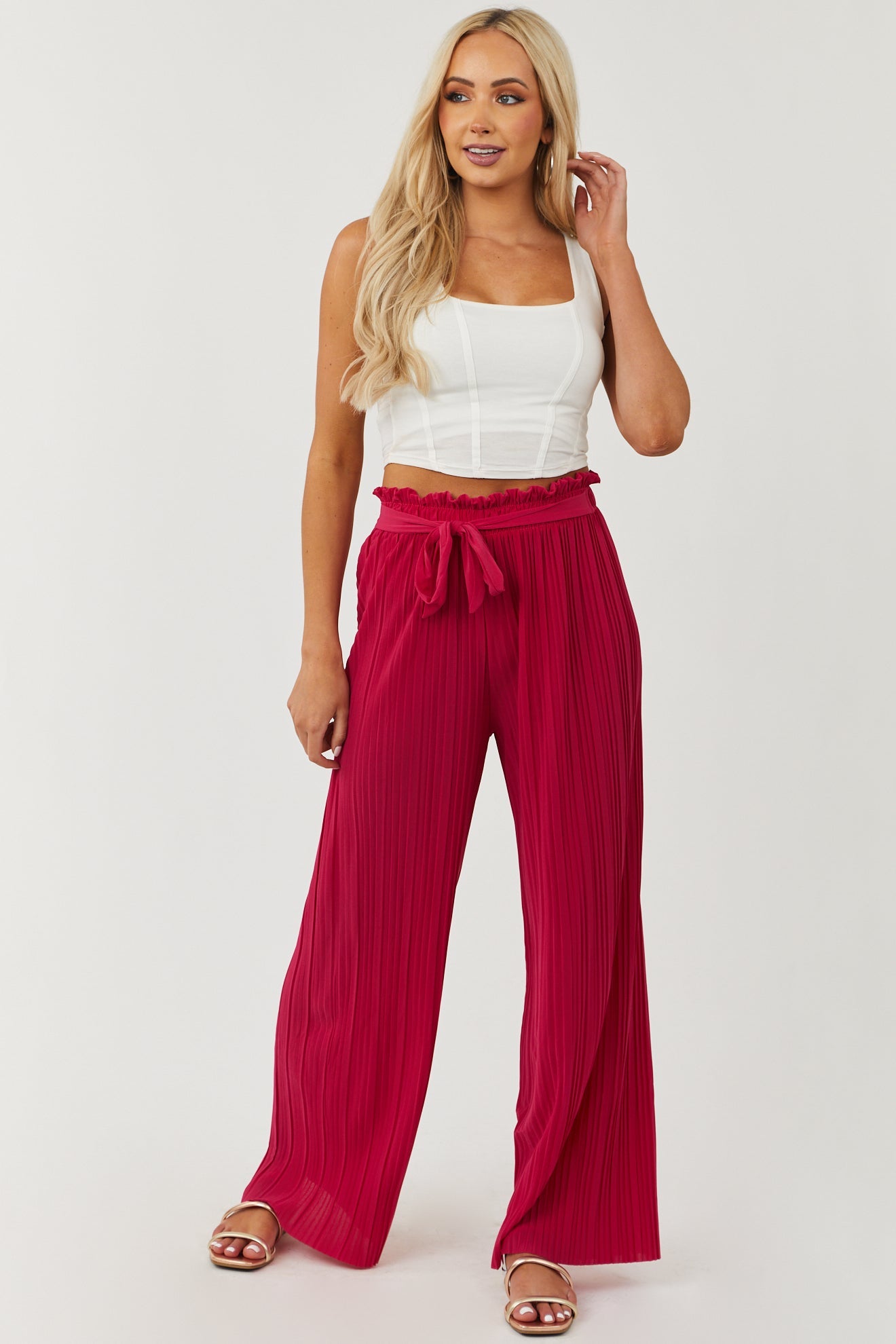 Raspberry Pleated Wide Leg Waist Tie Pants