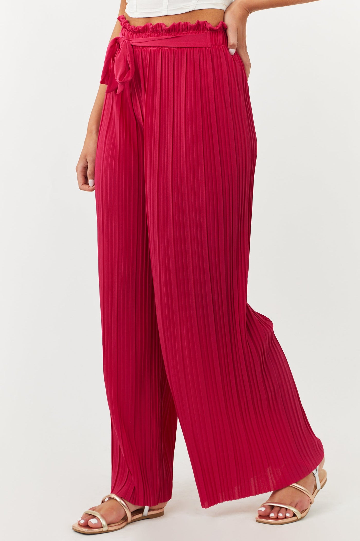 Raspberry Pleated Wide Leg Waist Tie Pants