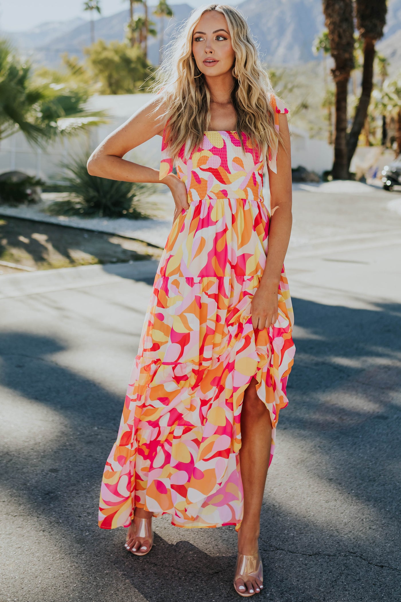 Raspberry Printed Sleeveless Tiered Maxi dress
