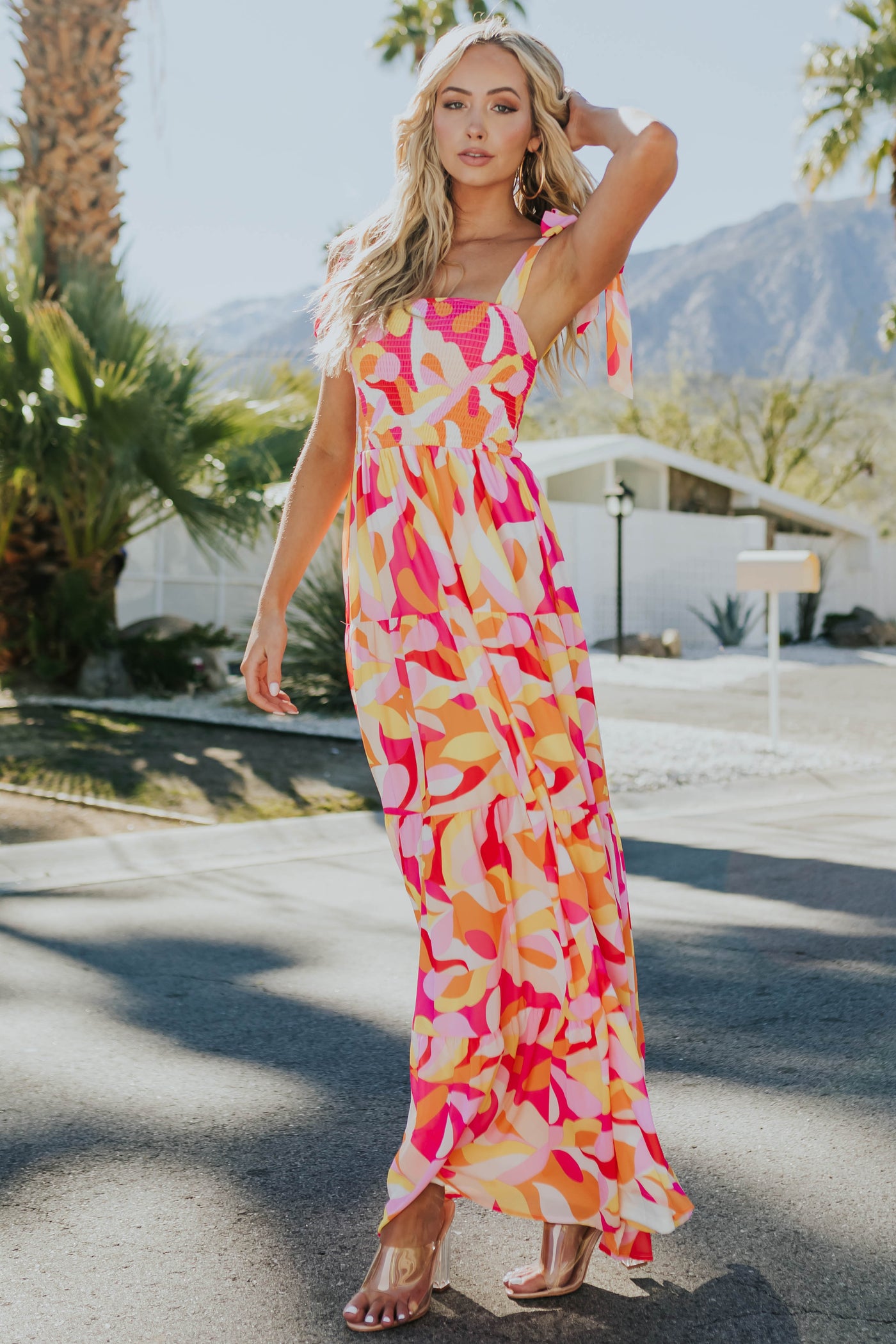 Raspberry Printed Sleeveless Tiered Maxi dress