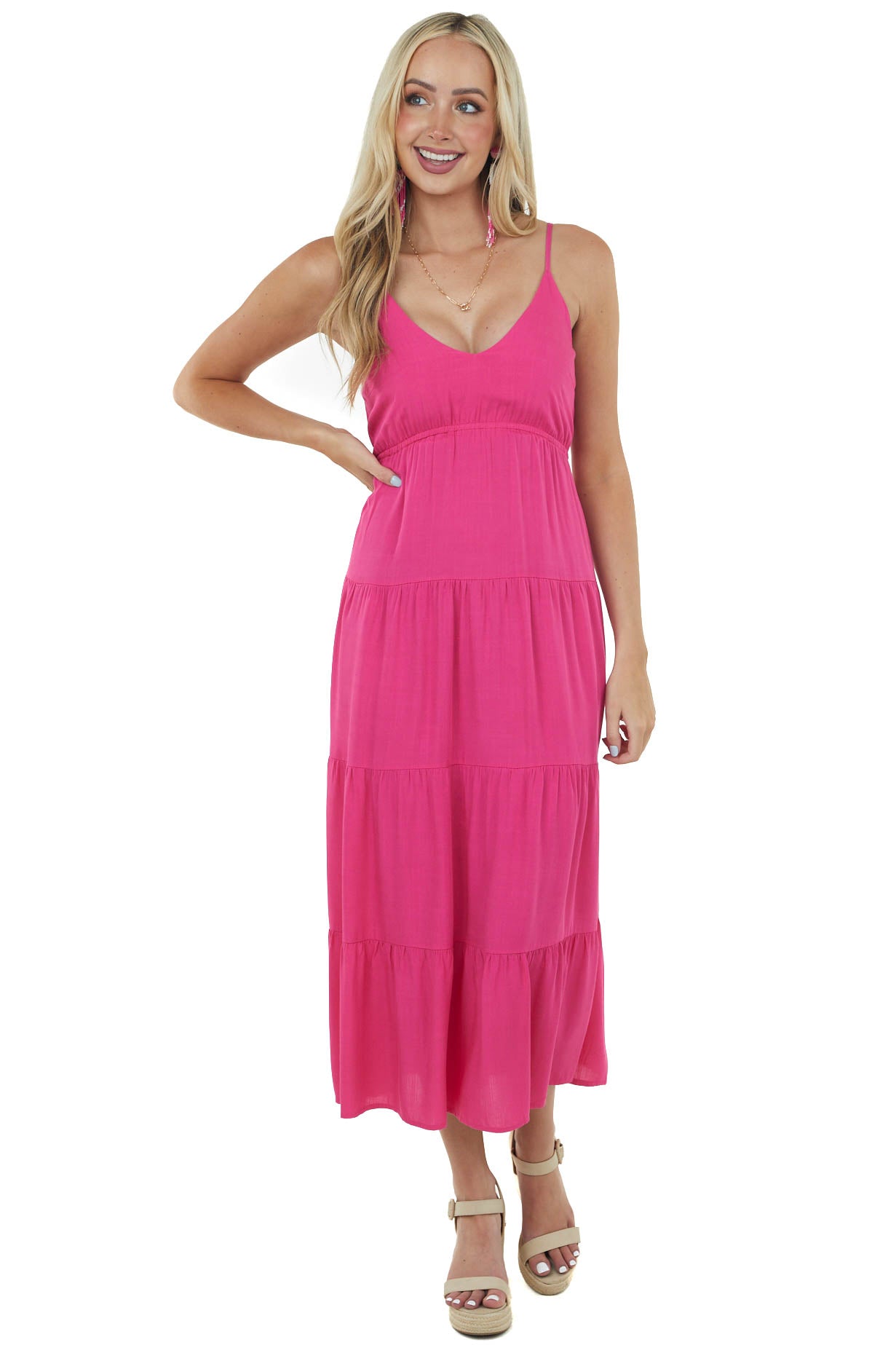 Raspberry Sleeveless Tiered Woven Maxi Dress