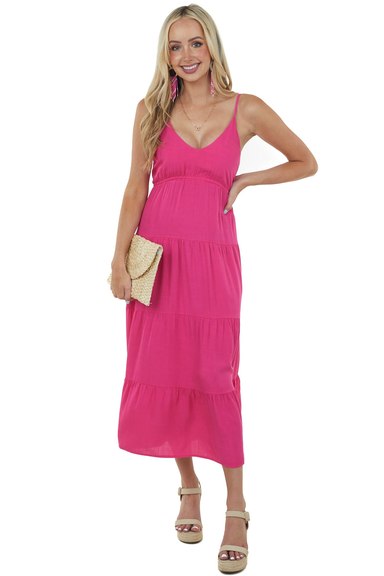 Raspberry Sleeveless Tiered Woven Maxi Dress