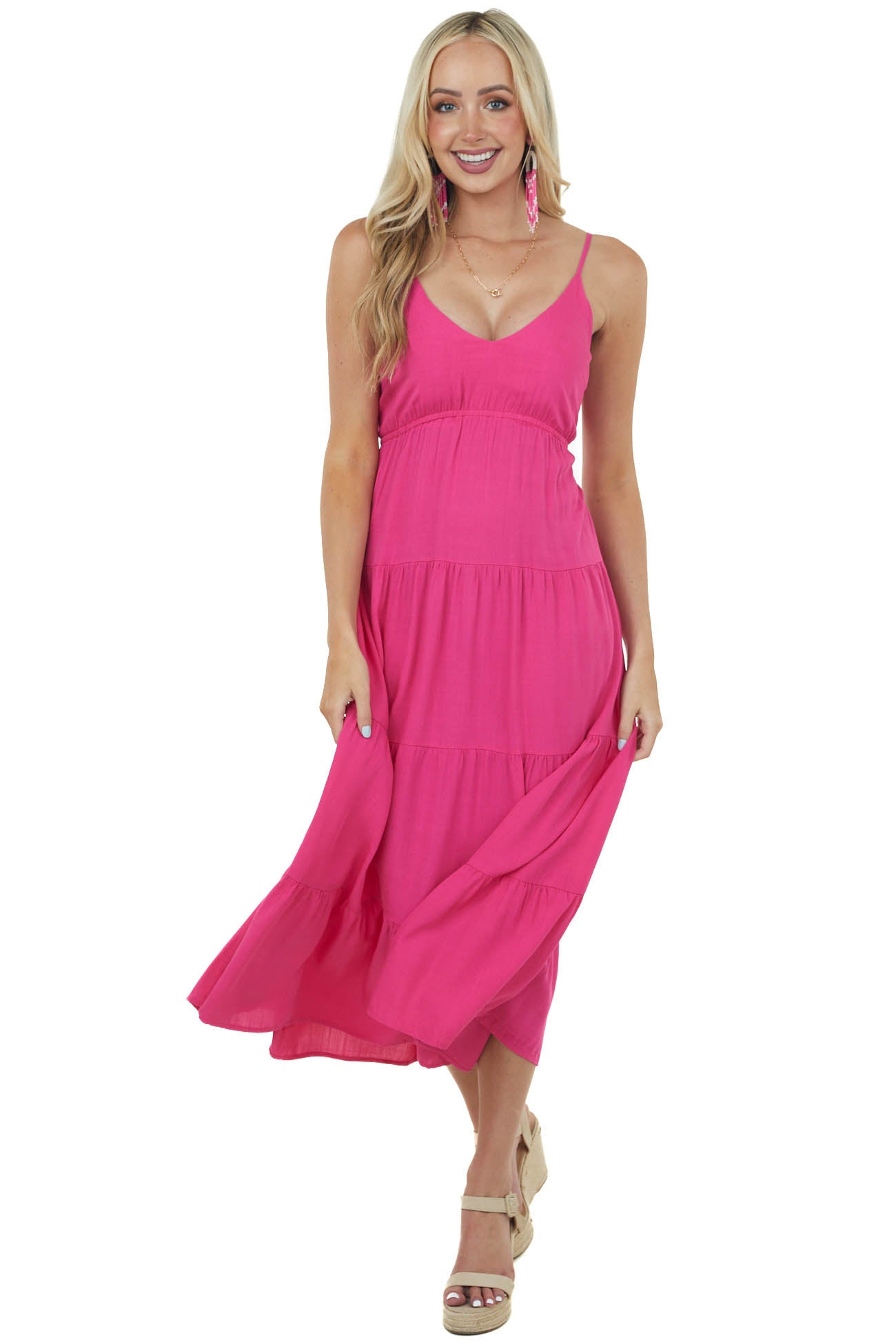 Raspberry Sleeveless Tiered Woven Maxi Dress