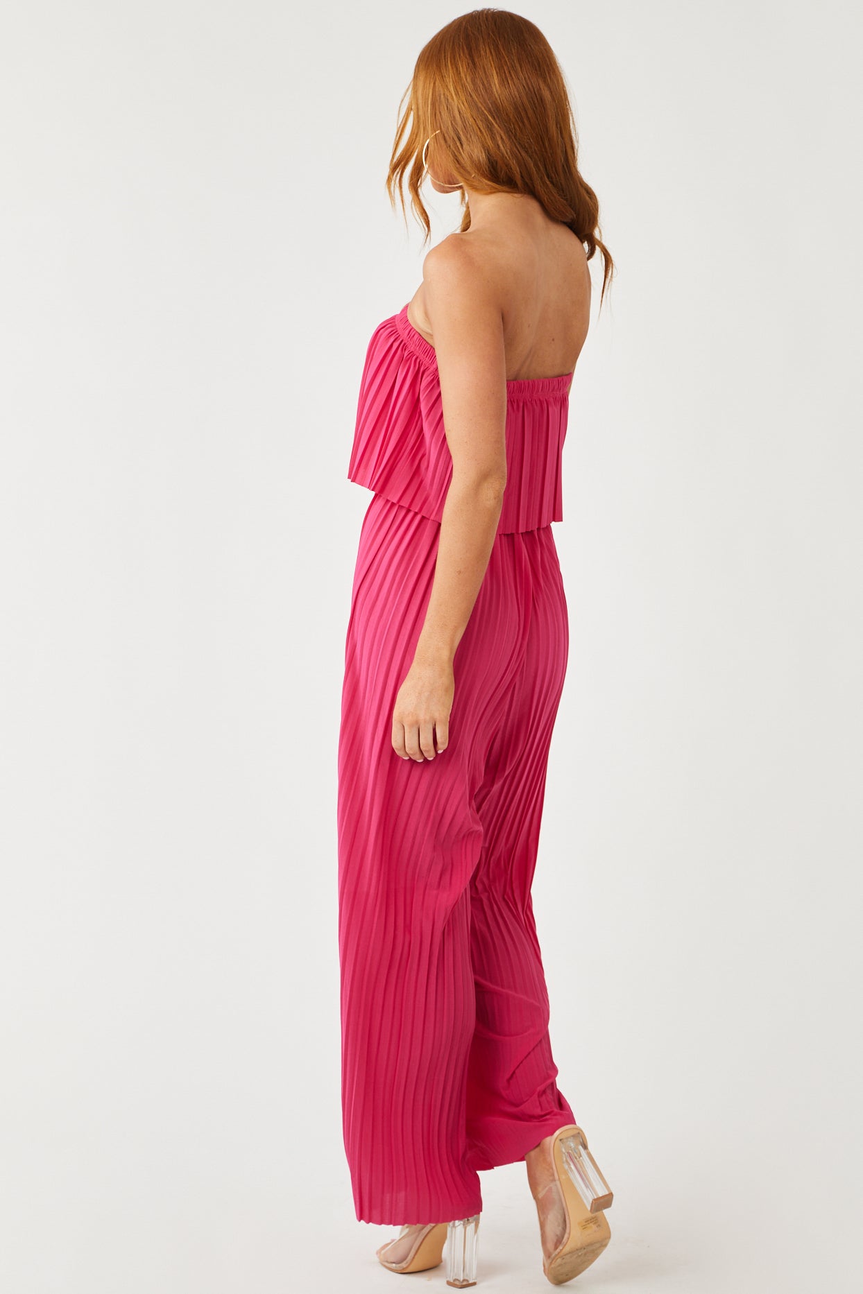 Raspberry Strapless Pleated Wide Leg Jumpsuit