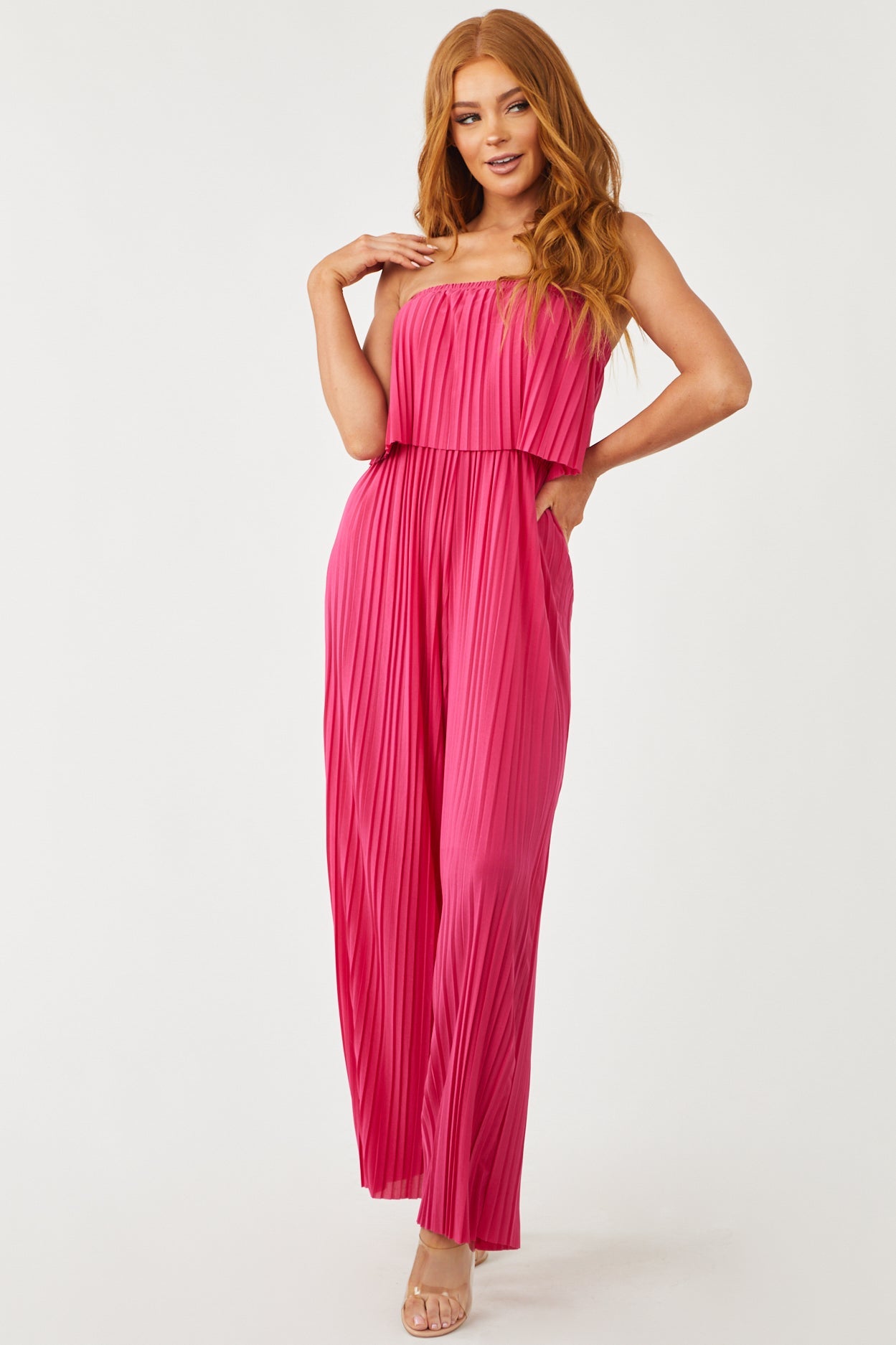 Raspberry Strapless Pleated Wide Leg Jumpsuit