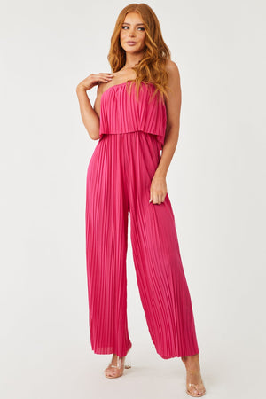 Raspberry Strapless Pleated Wide Leg Jumpsuit