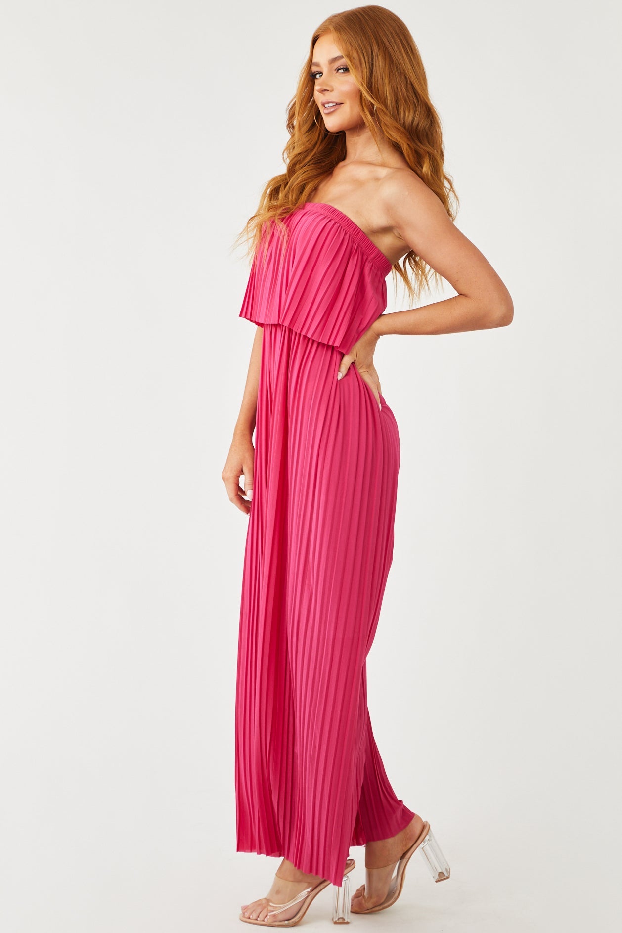 Raspberry Strapless Pleated Wide Leg Jumpsuit