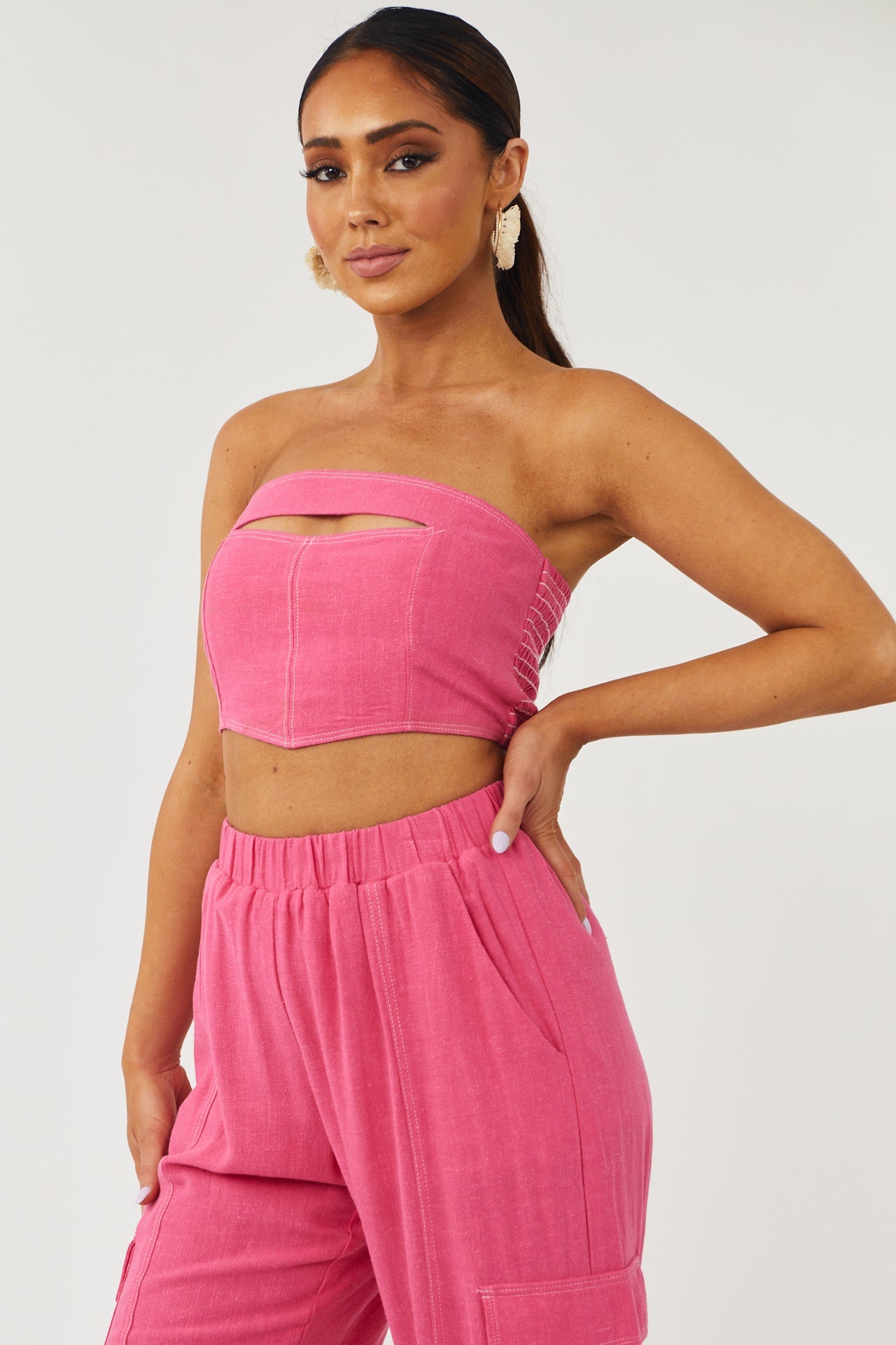Raspberry Strapless Smocked Cut Out Bandeau Top
