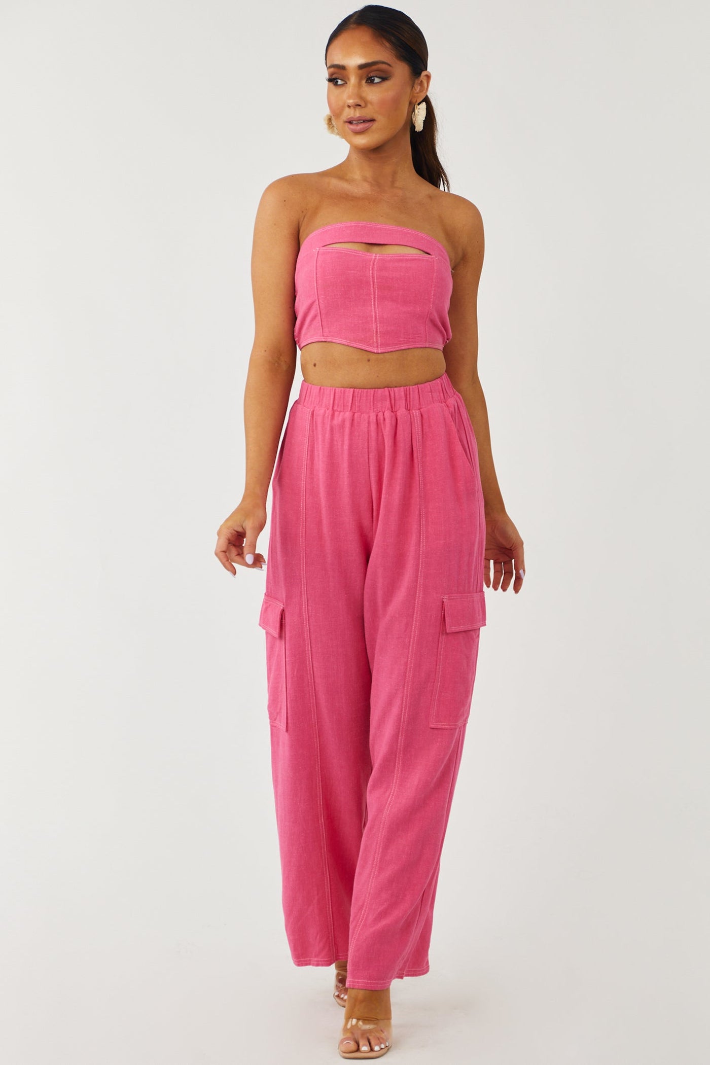 Raspberry Strapless Smocked Cut Out Bandeau Top