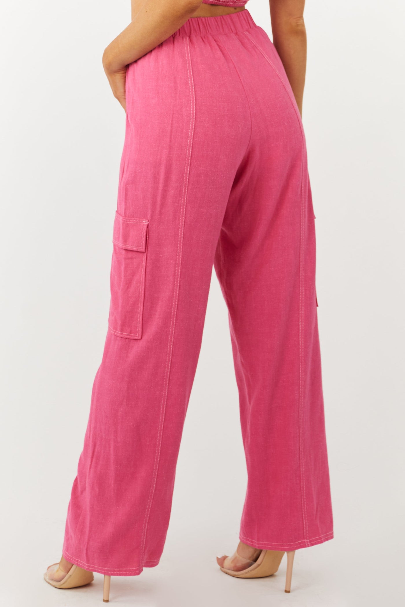 Raspberry Wide Leg Linen Cargo Pants
