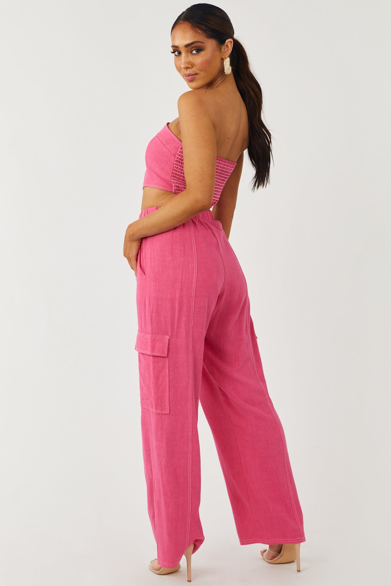 Raspberry Wide Leg Linen Cargo Pants