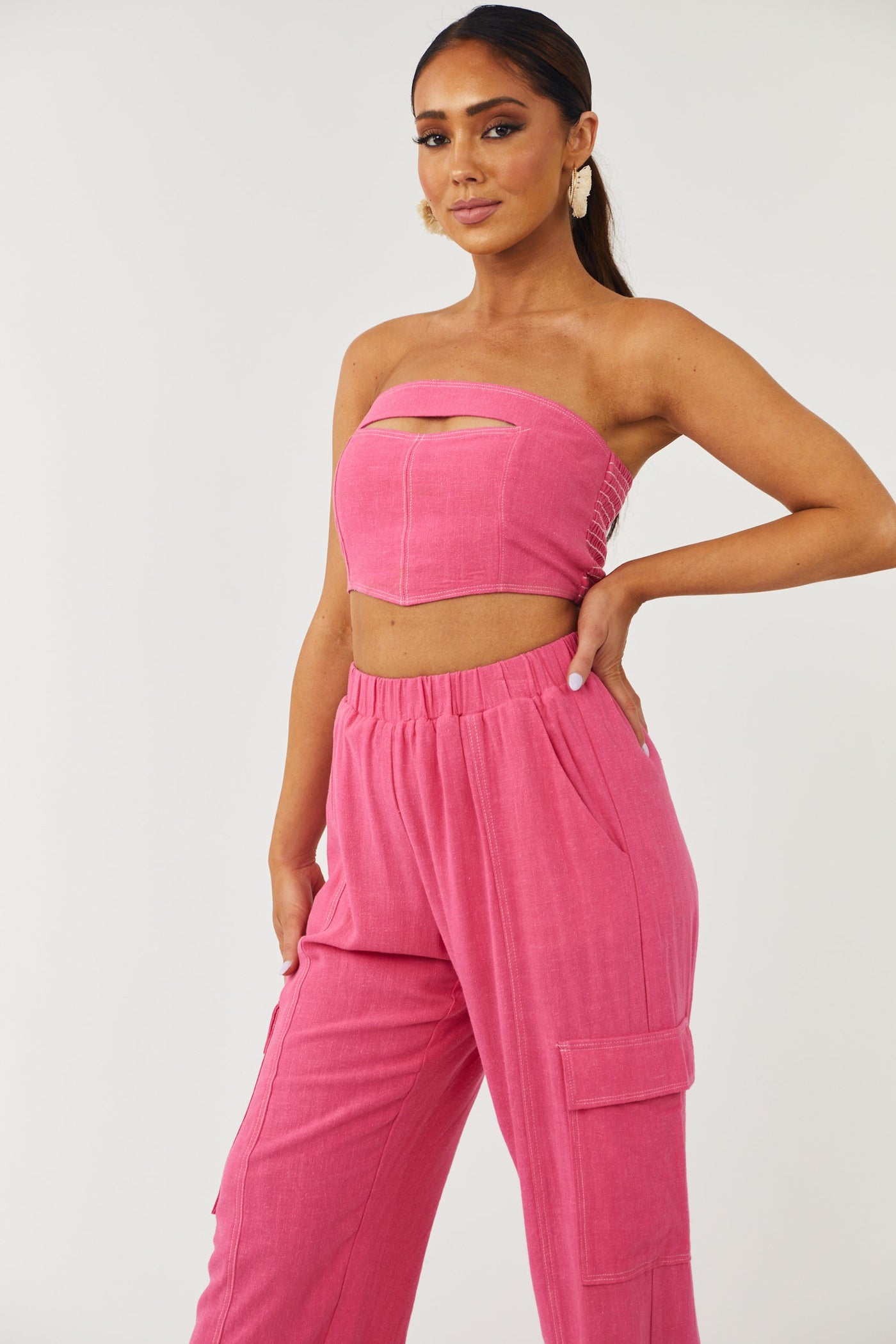 Raspberry Wide Leg Linen Cargo Pants