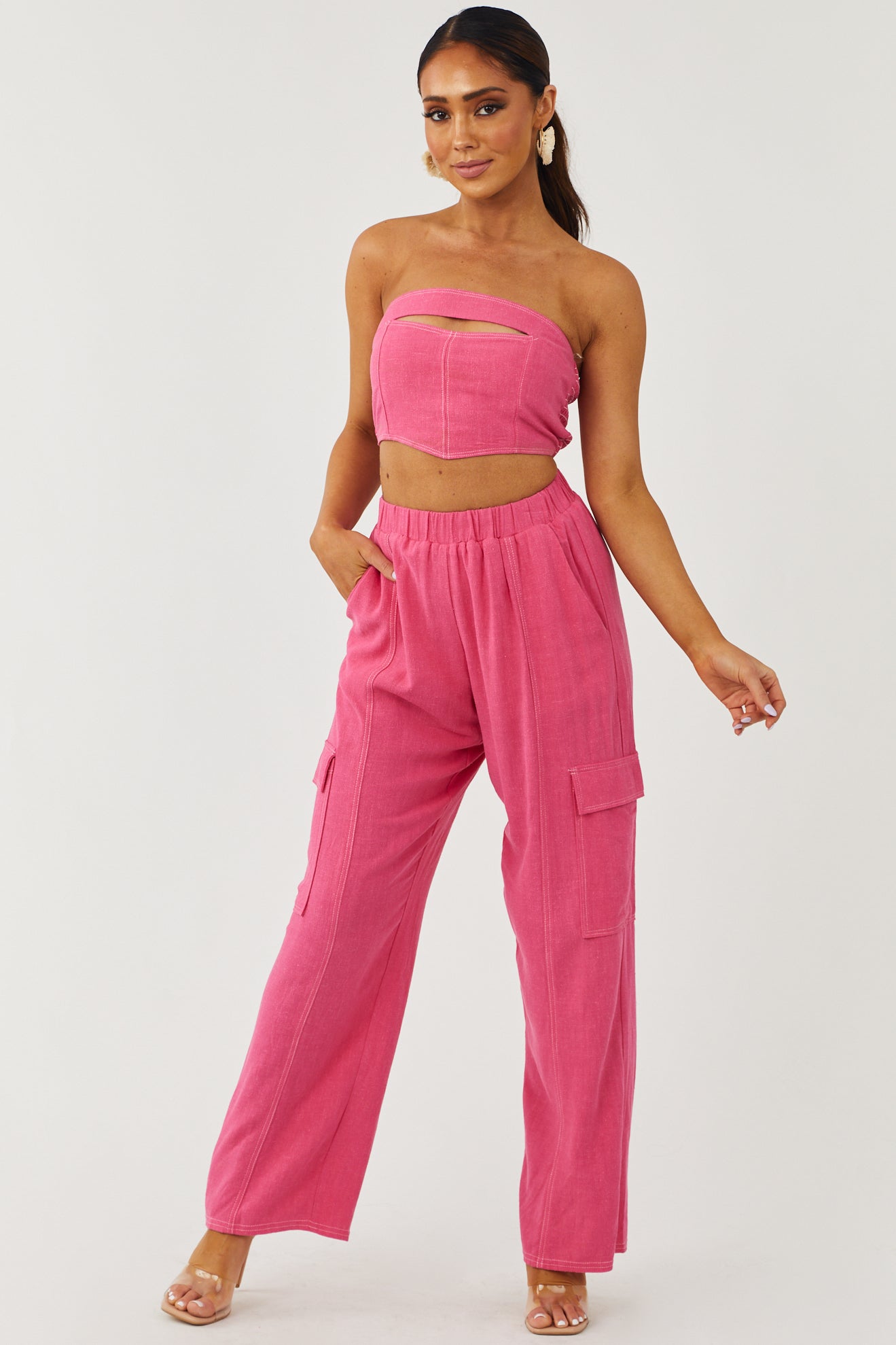 Raspberry Wide Leg Linen Cargo Pants