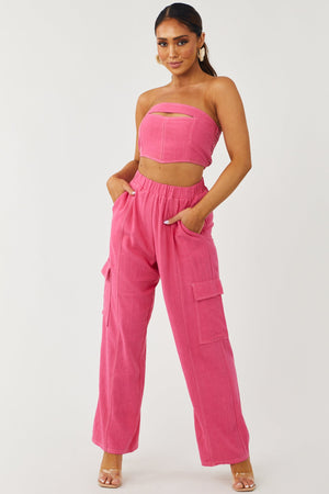 Raspberry Wide Leg Linen Cargo Pants