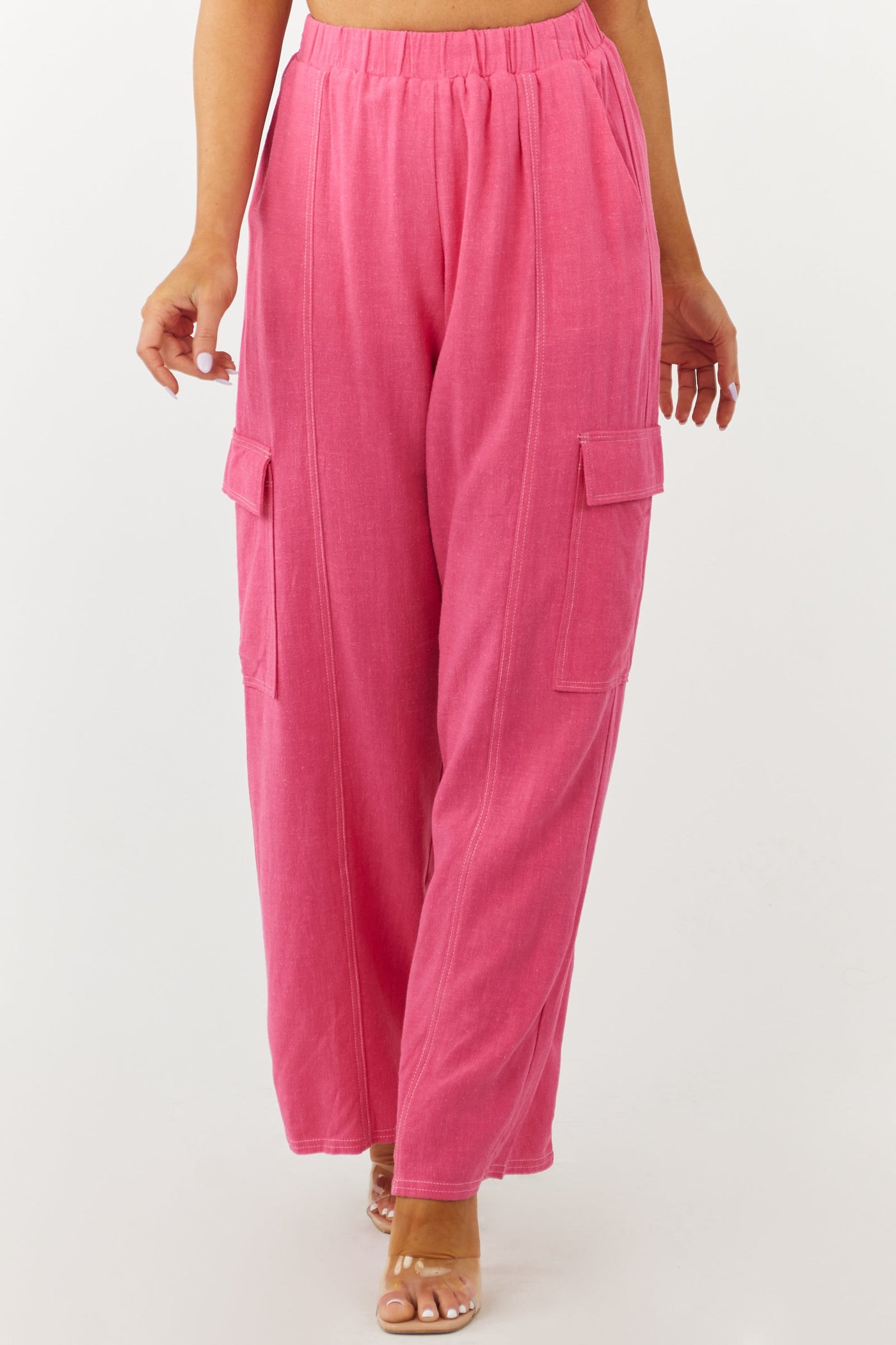 Raspberry Wide Leg Linen Cargo Pants