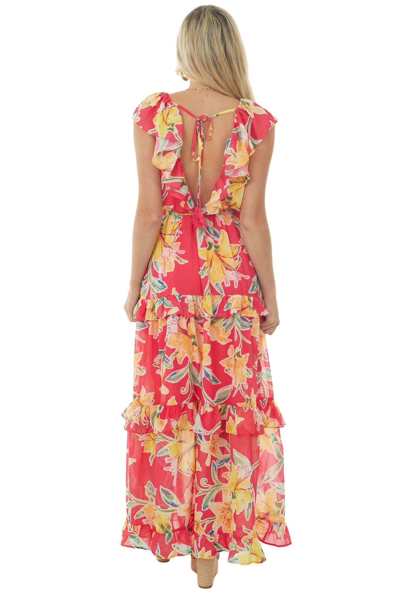Raspberry and Amber Floral Ruffle Maxi Dress