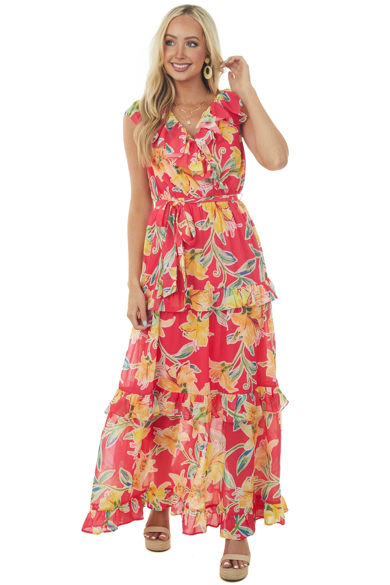 Raspberry and Amber Floral Ruffle Maxi Dress
