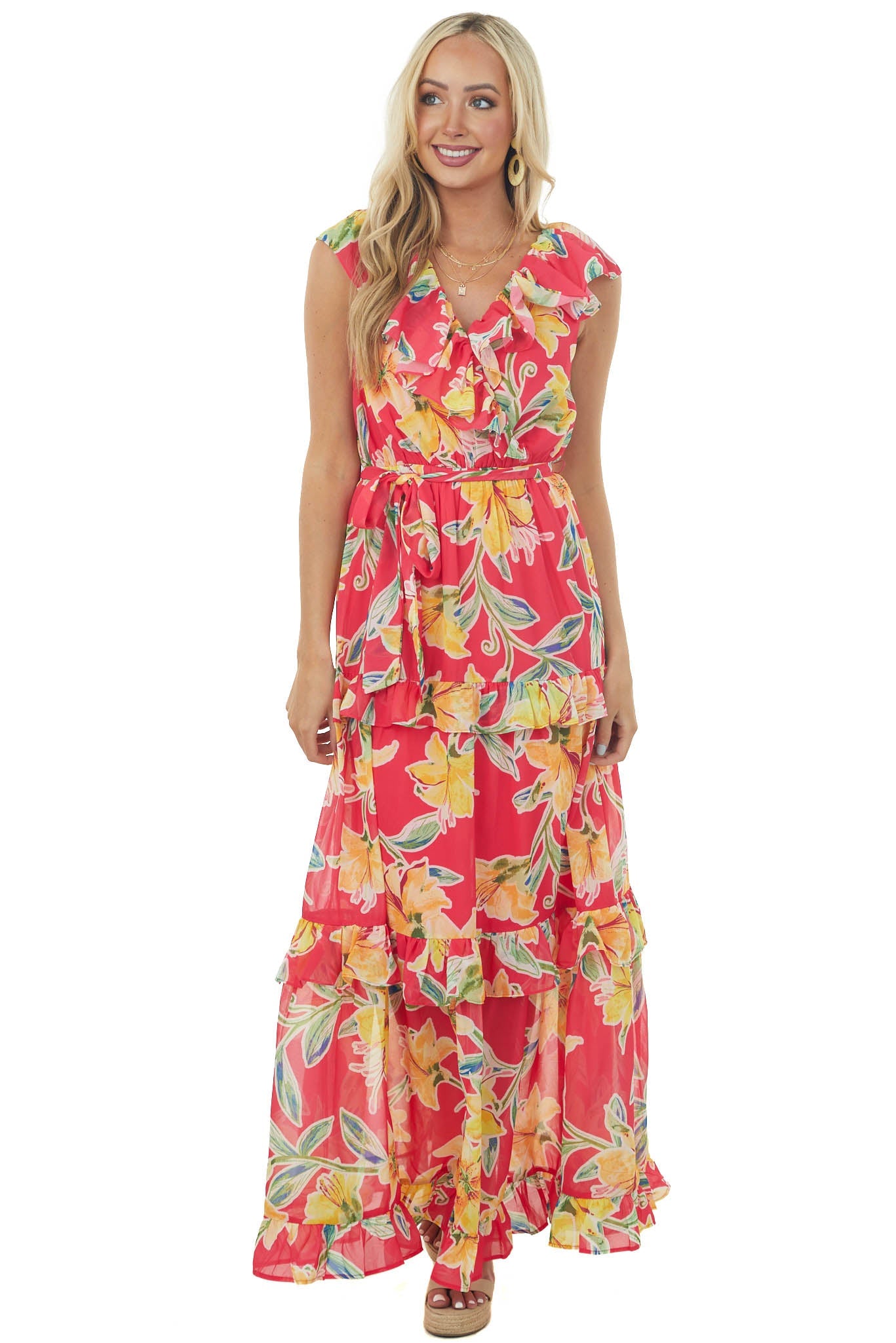 Raspberry and Amber Floral Ruffle Maxi Dress