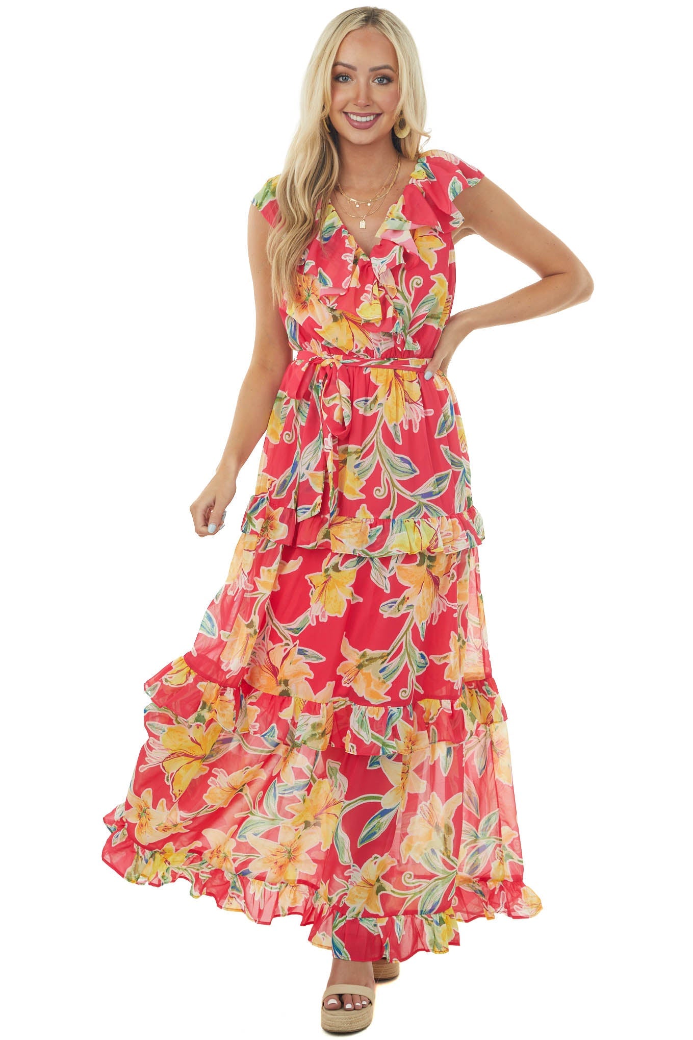 Raspberry and Amber Floral Ruffle Maxi Dress