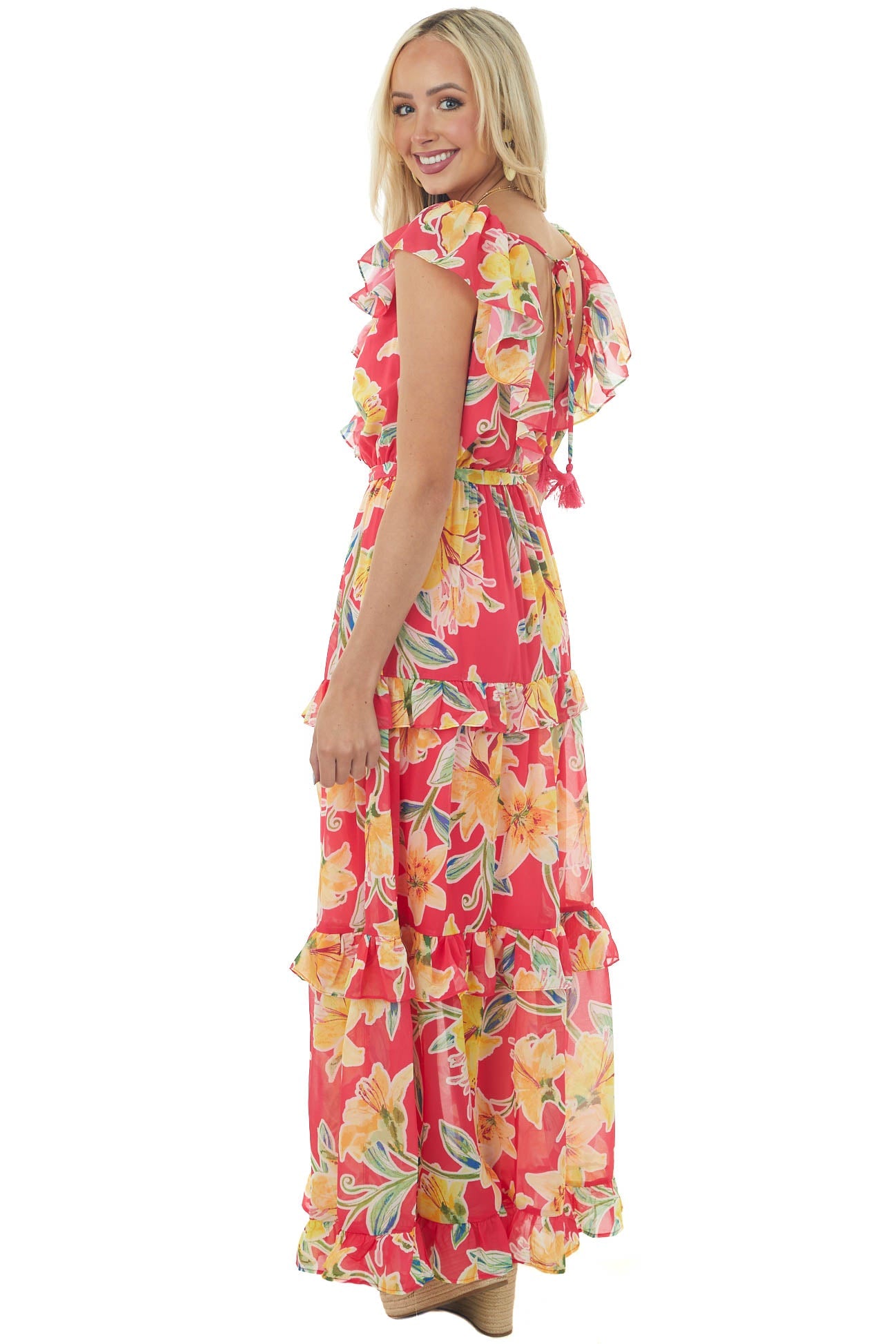 Raspberry and Amber Floral Ruffle Maxi Dress