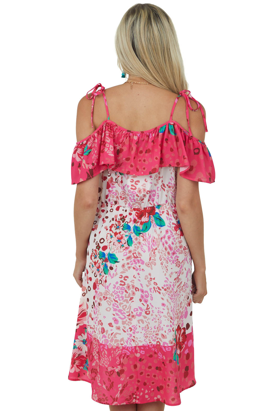 Raspberry and Ivory Leopard Floral Print Woven Dress