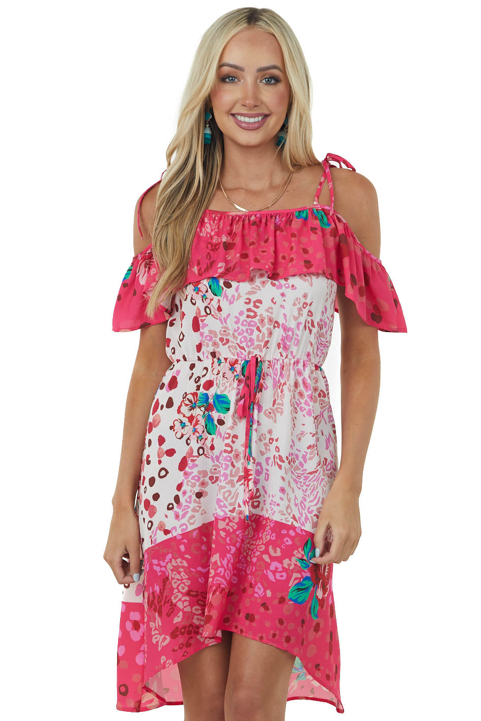 Raspberry and Ivory Leopard Floral Print Woven Dress