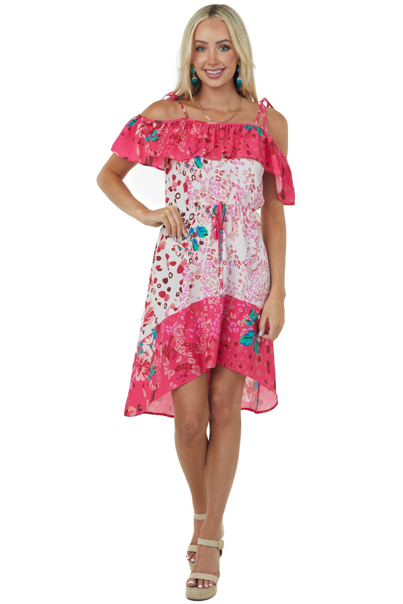 Raspberry and Ivory Leopard Floral Print Woven Dress