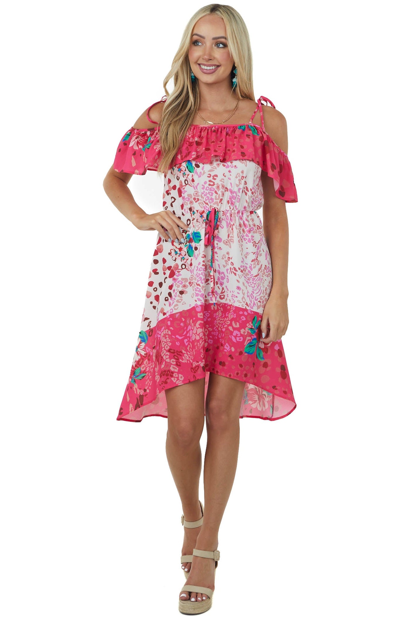 Raspberry and Ivory Leopard Floral Print Woven Dress