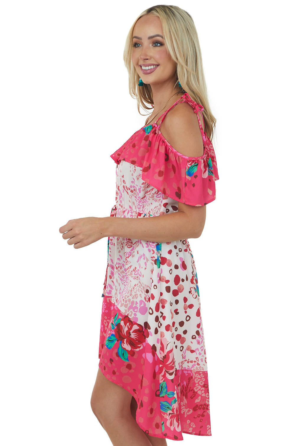 Raspberry and Ivory Leopard Floral Print Woven Dress