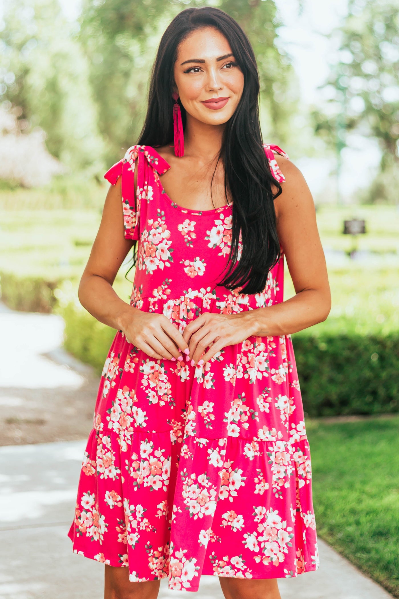 Raspberry Floral Short Dress with Shoulder Ties