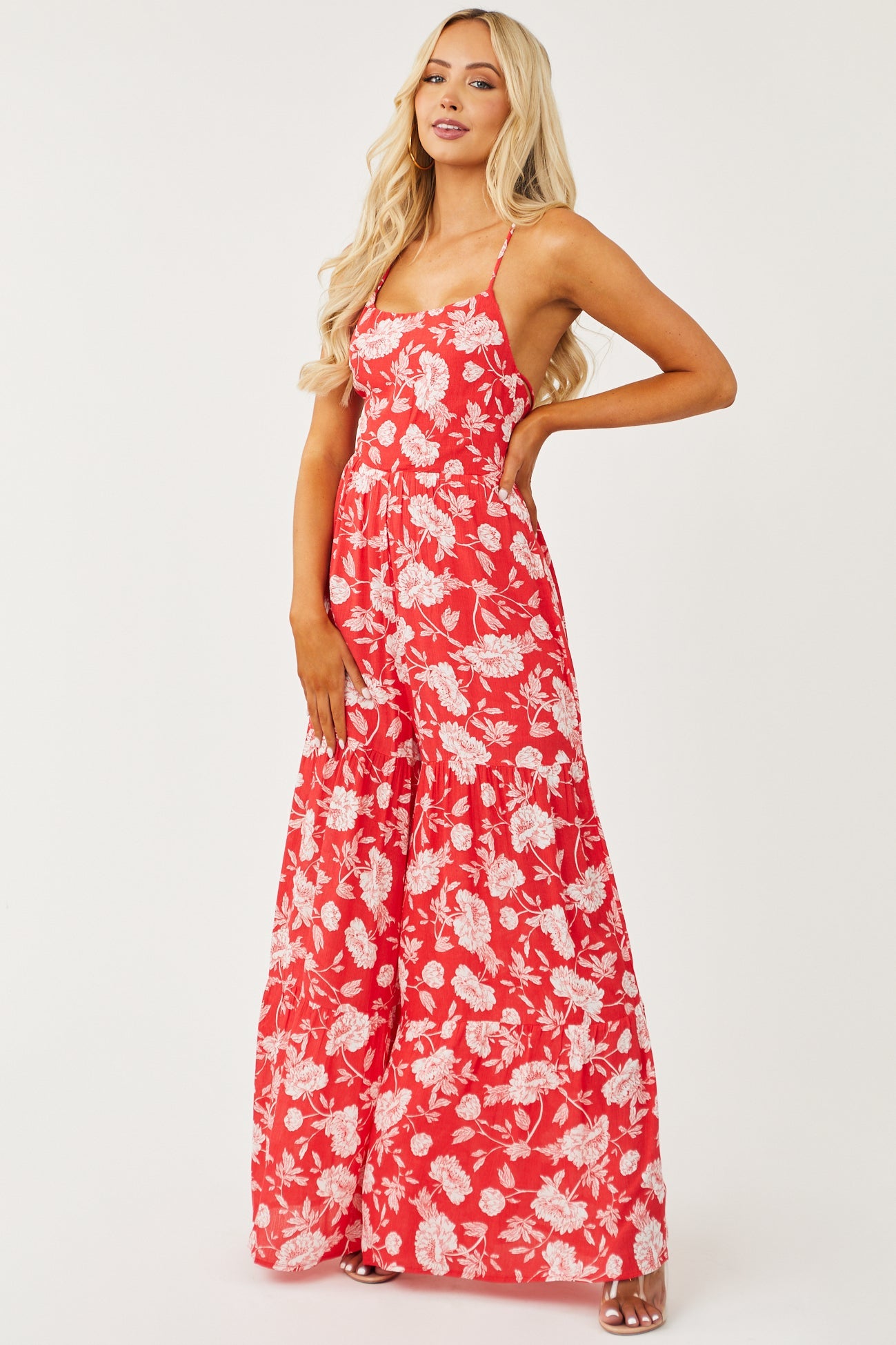 Red Sleeveless Floral Print Flare Leg Jumpsuit