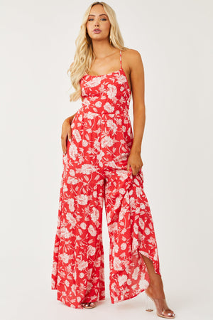Red Sleeveless Floral Print Flare Leg Jumpsuit