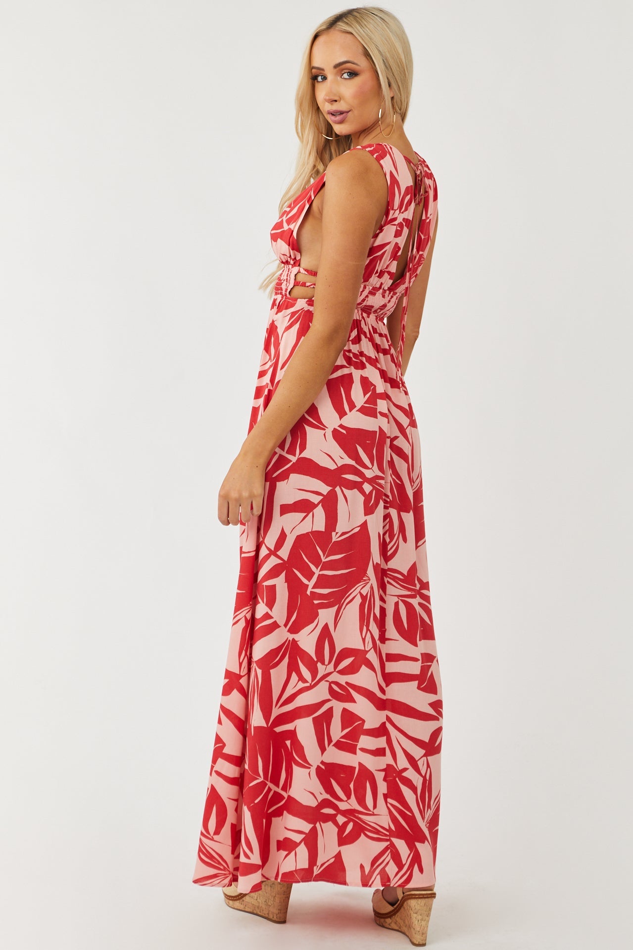 Red and Tea Rose Plunging V Neck Maxi Dress
