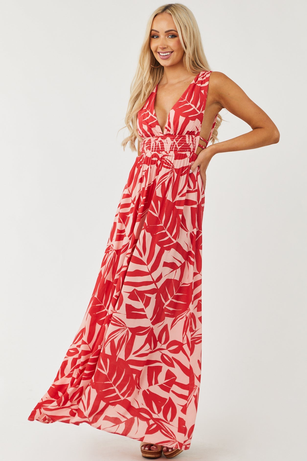 Red and Tea Rose Plunging V Neck Maxi Dress