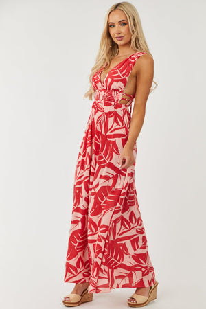 Red and Tea Rose Plunging V Neck Maxi Dress