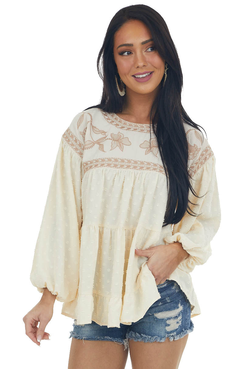 Rich Champagne Embroidered Yoke Swiss Dot Top 