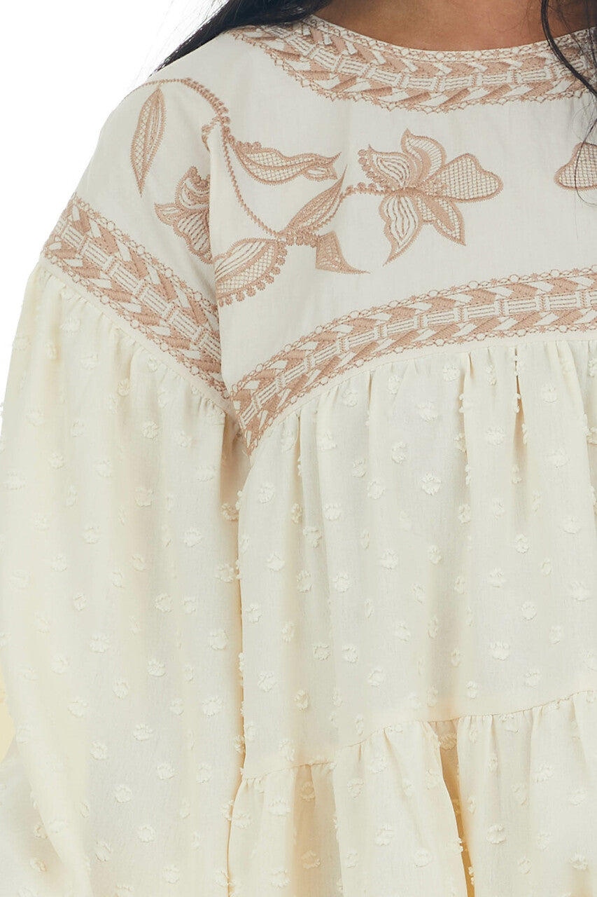 Rich Champagne Embroidered Yoke Swiss Dot Top 
