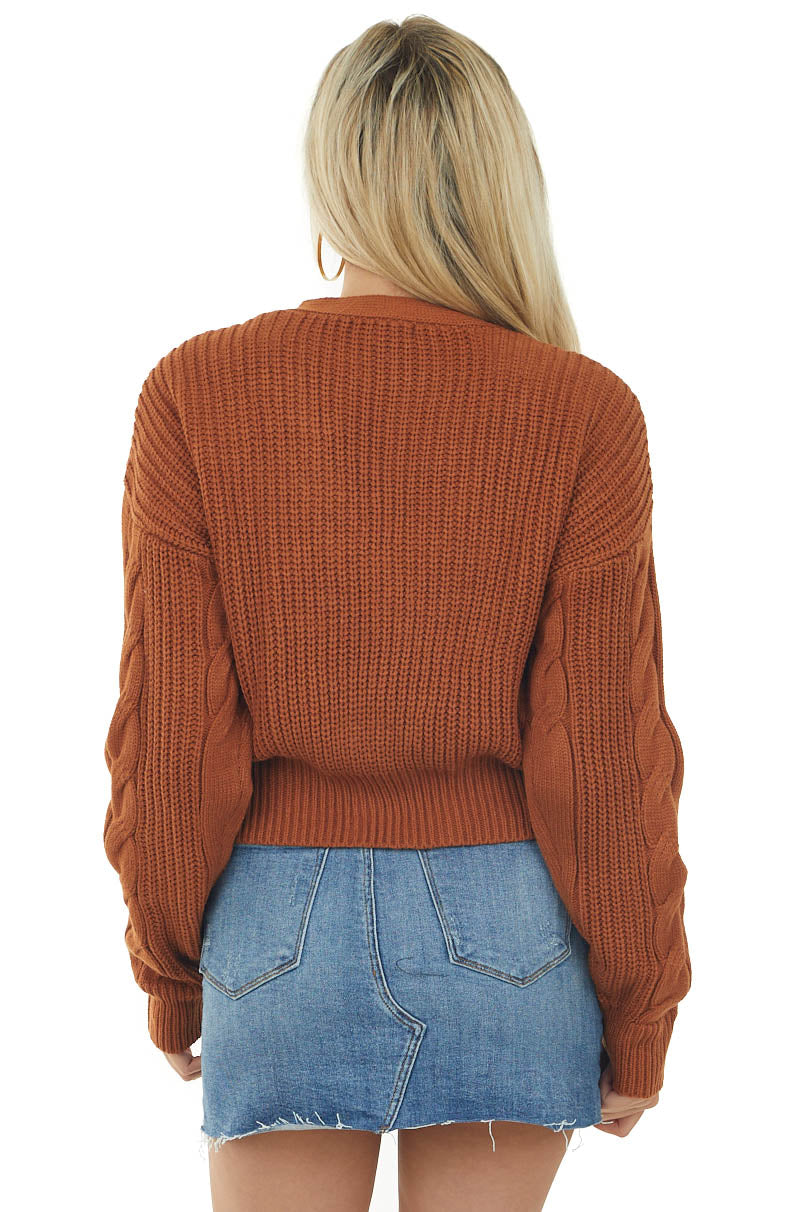 Rich Cognac V Neck Cable Knit Cardigan