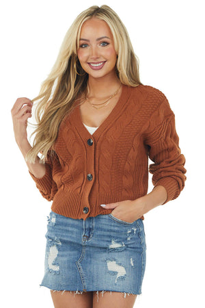 Rich Cognac V Neck Cable Knit Cardigan