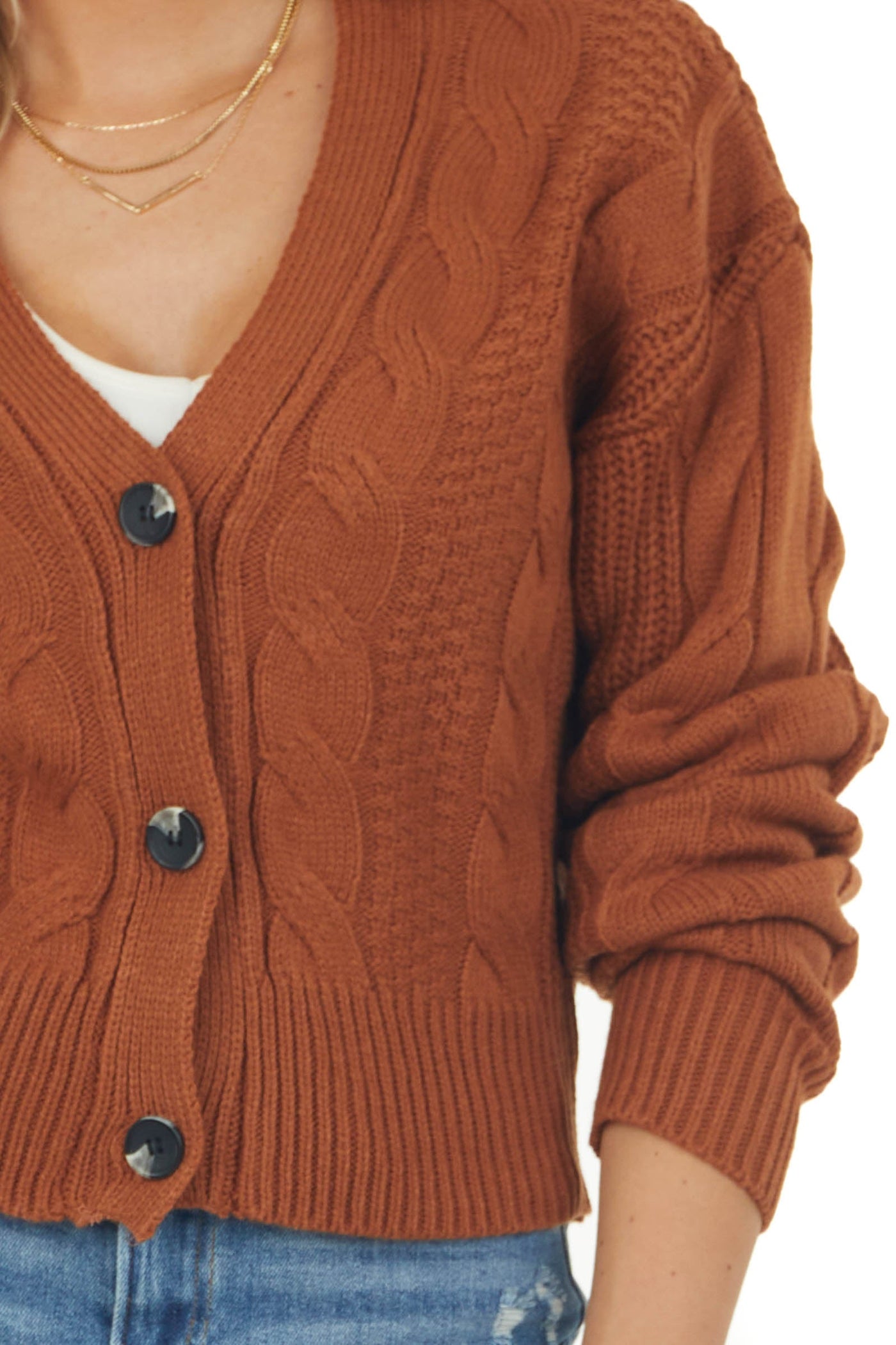 Rich Cognac V Neck Cable Knit Cardigan