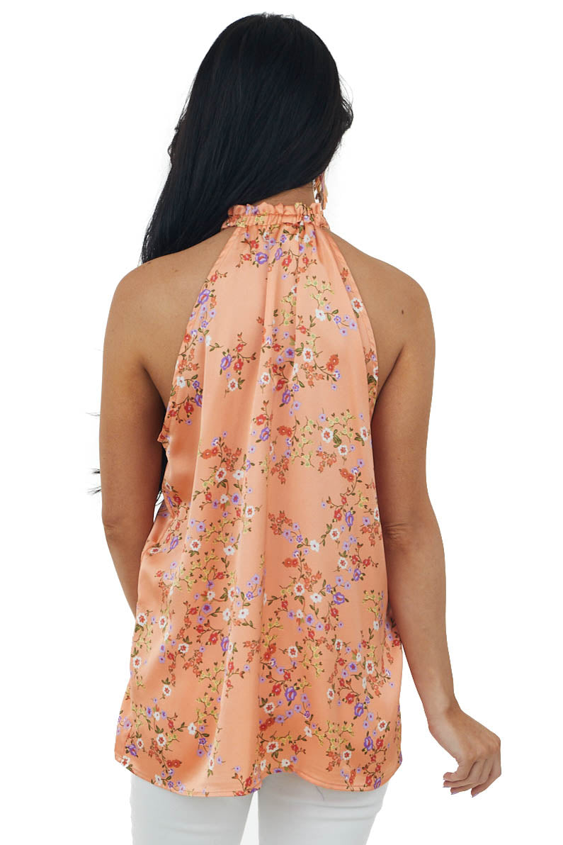 Rich Melon Floral Print Halter Neck Satin Blouse