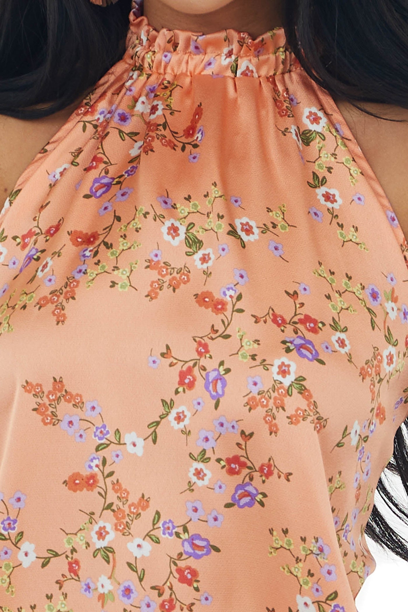 Rich Melon Floral Print Halter Neck Satin Blouse