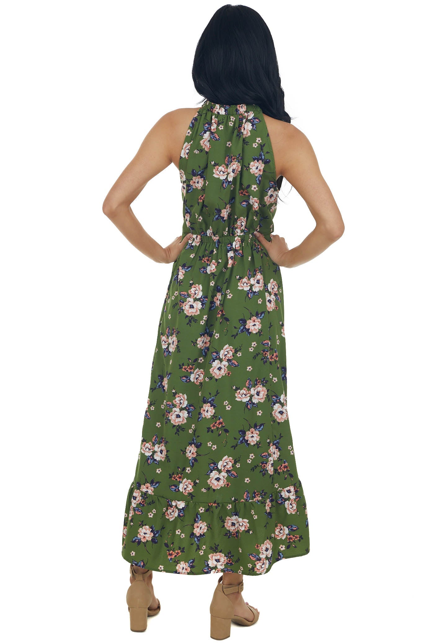 Rich Olive Floral Print Halter Neck Midi Dress